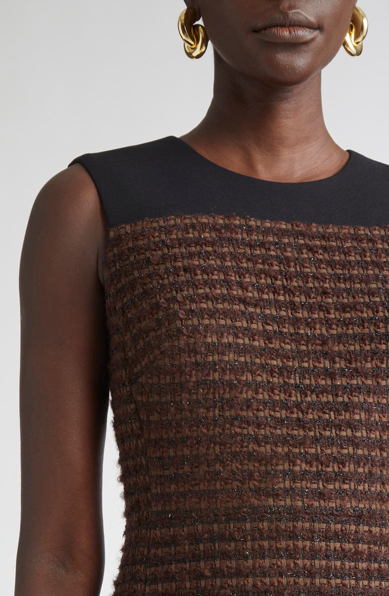ST. JOHN Crepe Cady Yoke Tweed Sheath Dress, Alternate, color, Mocha/ Black