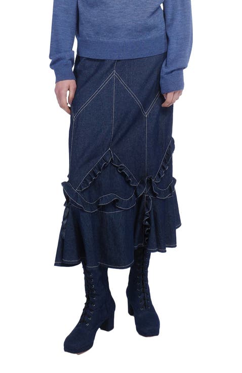 Denim Ruffle Maxi Skirt