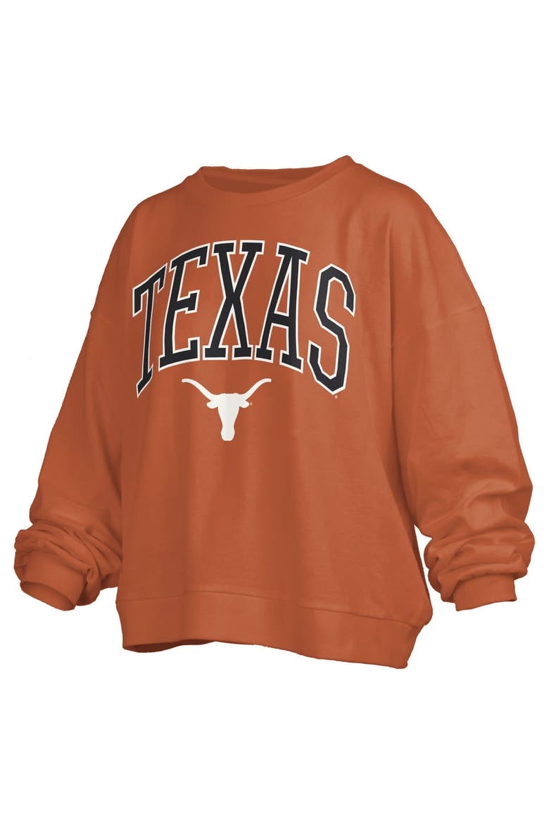 Women's Pressbox Texas Orange Texas Longhorns Janise Arch Over Logo Waist Length Oversized Pullover Sweatshirt, Alternate, color, Burnt Orange