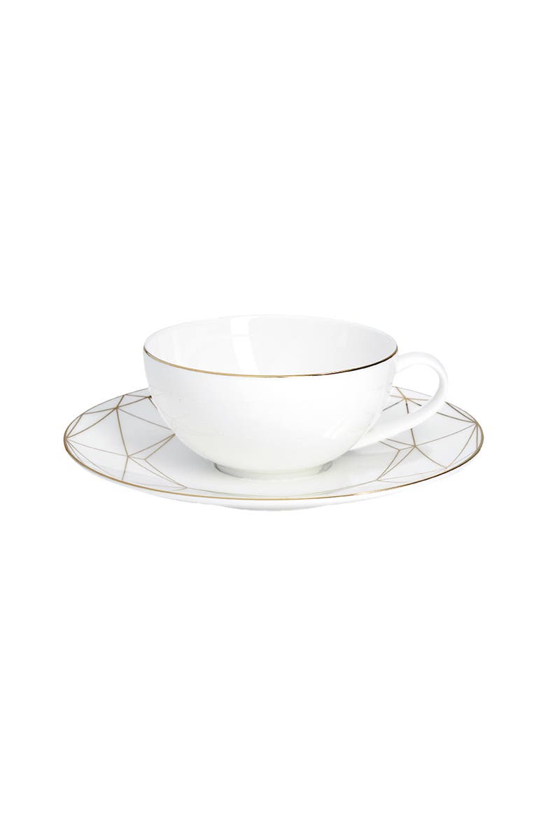 Gem Cut Gold Tea Cup & Saucer, Alternate, color, White