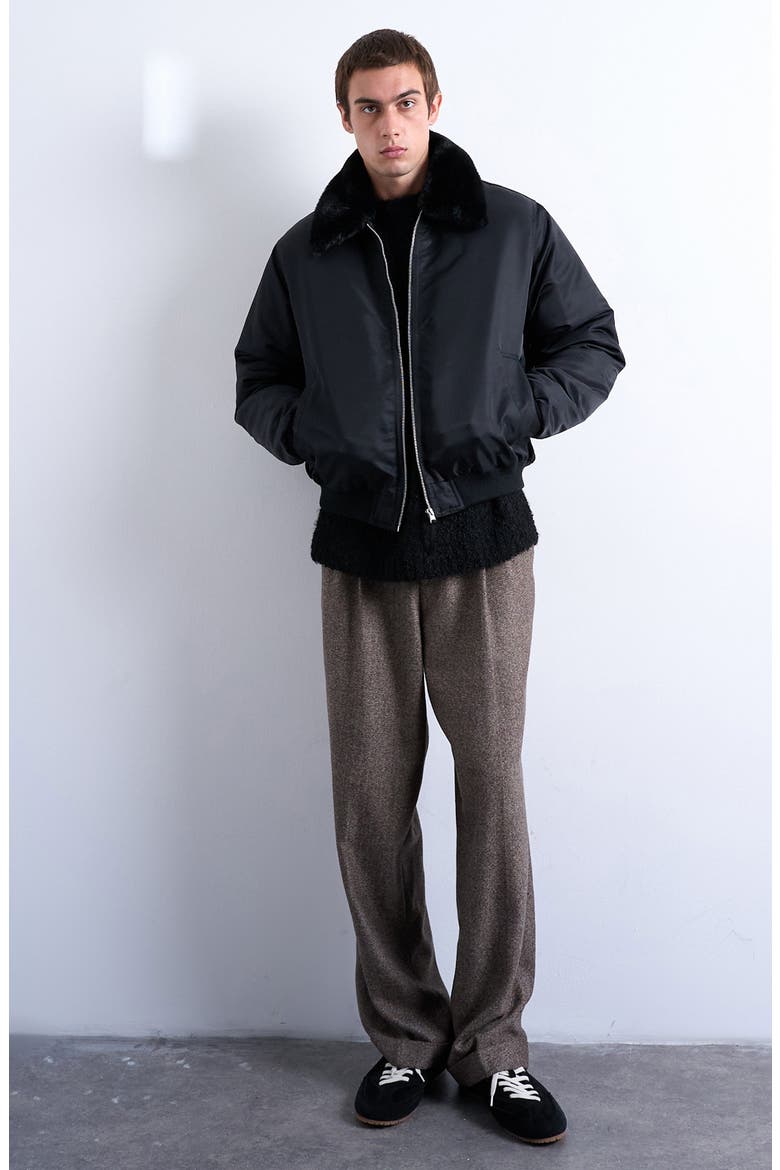 Faux Fur Collar Bomber Jacket, Alternate, color, BLACK