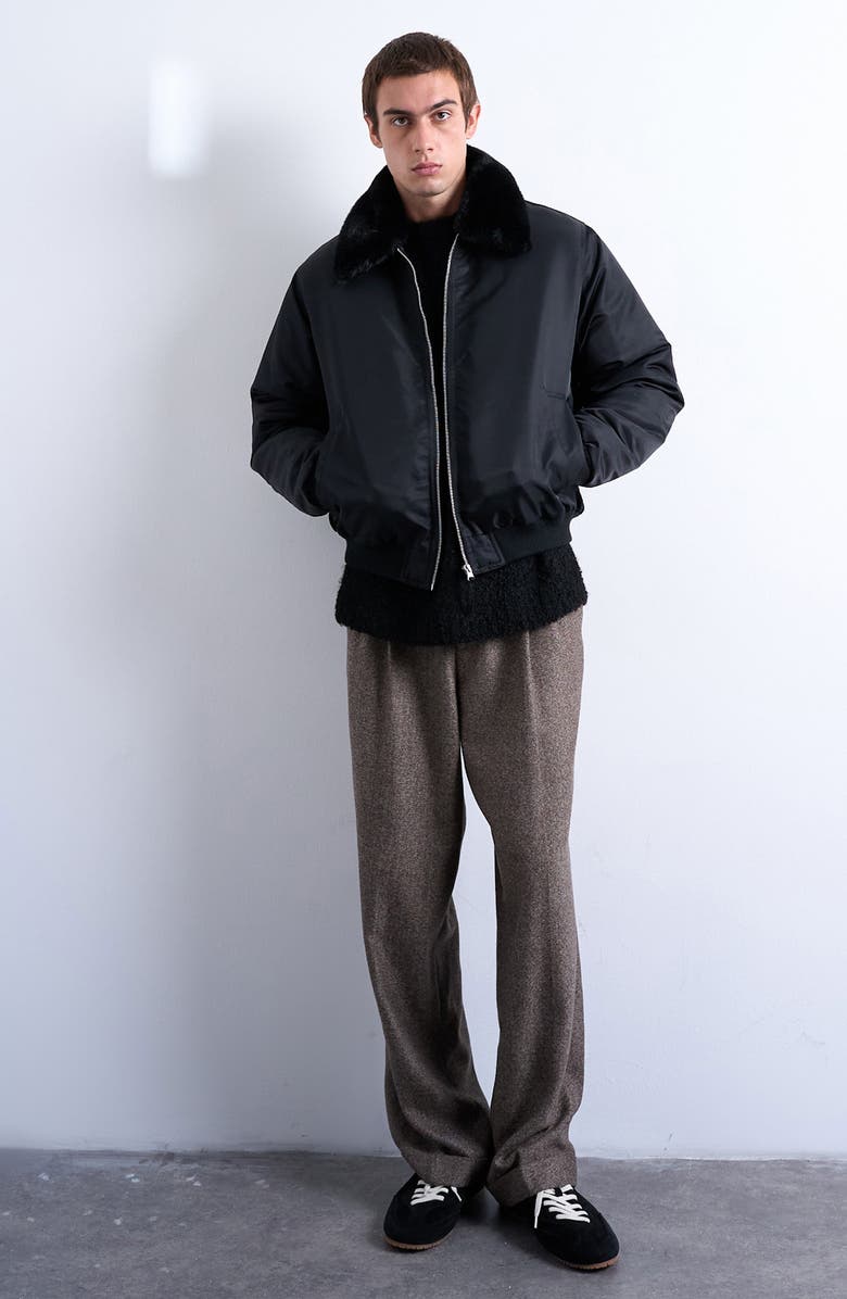 Topman Faux Fur Collar Bomber Jacket, Alternate, color, Black