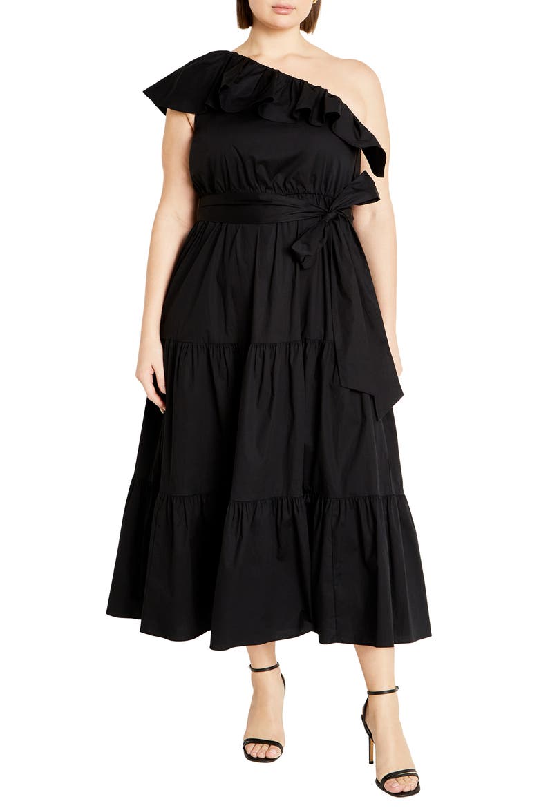 Kiama Ruffle One-Shoulder Tie Belt Tiered Stretch Cotton Dress, Main, color, BLACK