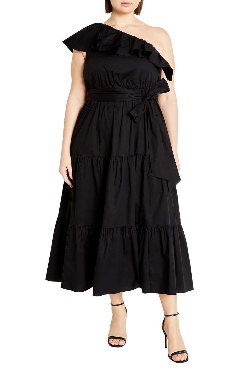 City Chic Kiama Ruffle One-Shoulder Tie Belt Tiered Stretch Cotton Dress, Main, color, Black