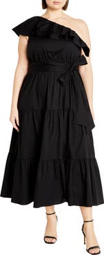 City Chic Kiama Ruffle One-Shoulder Tie Belt Tiered Stretch Cotton Dress