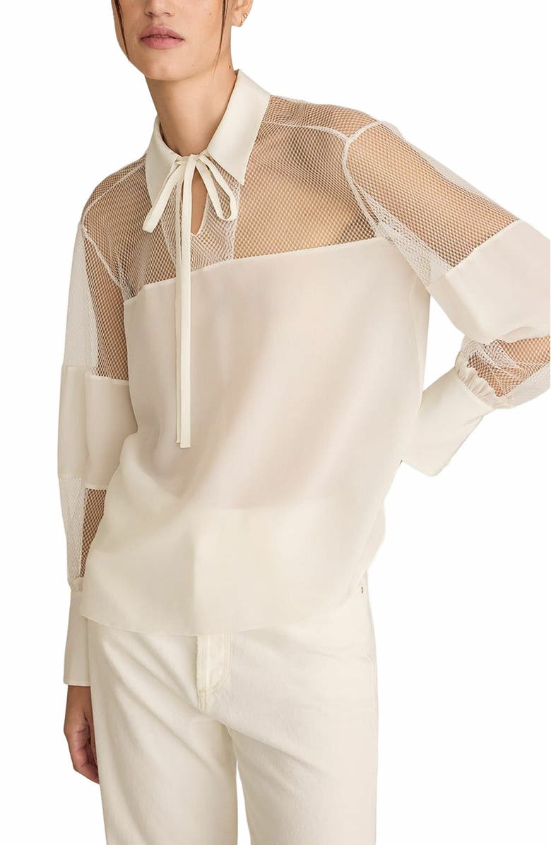 Rebecca Taylor Crepe de Chine and Lace Popover Blouse, Alternate, color, Snow Combo
