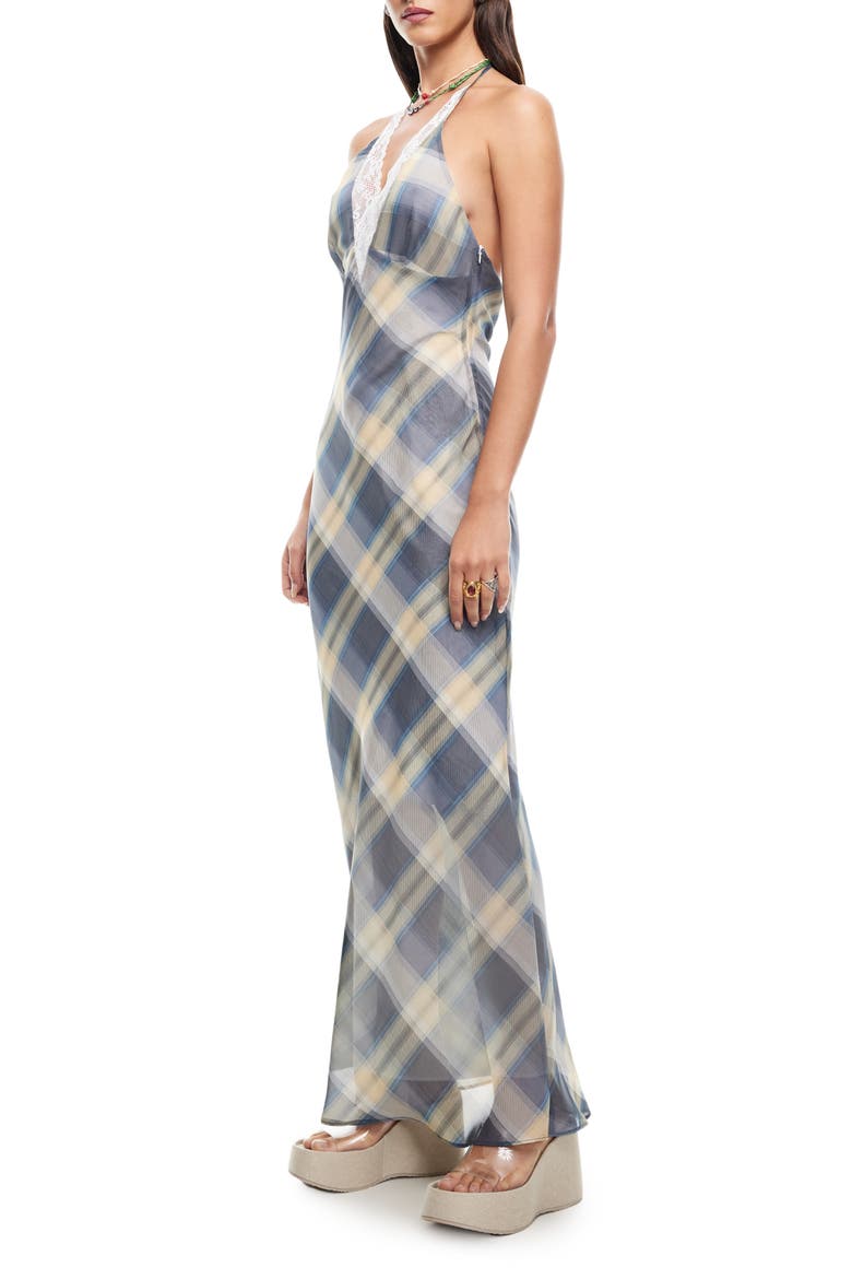 Shoreline Plaid Lace Trim Halter Maxi Dress, Alternate, color, BLUE CHECK