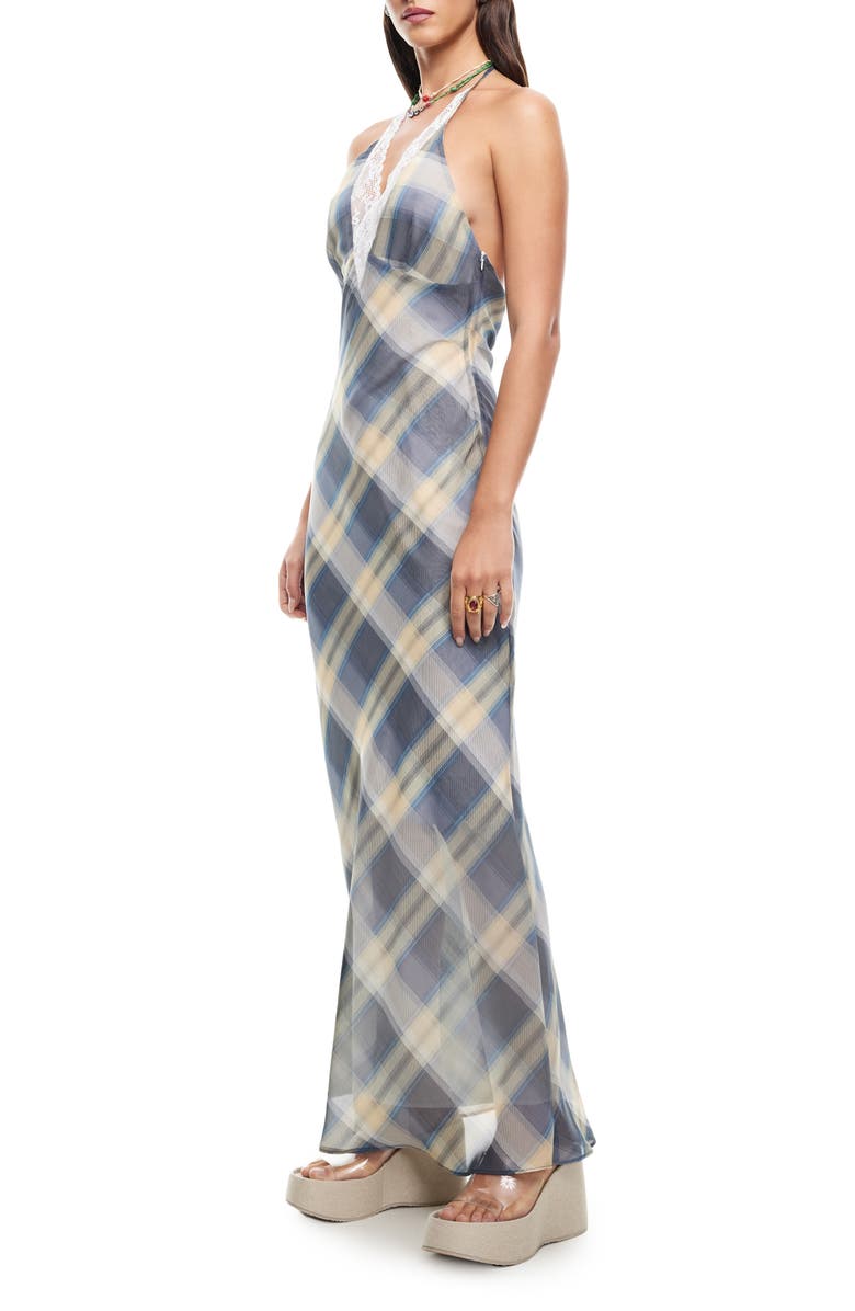 LIONESS Shoreline Plaid Lace Trim Halter Maxi Dress, Alternate, color, Blue Check