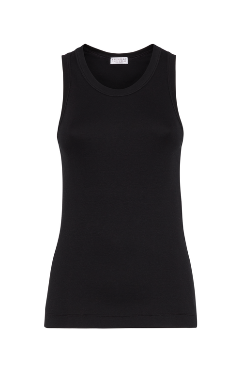 Brunello Cucinelli Black Sleeveless Top With Round Neck And Monil Detail On The Rear In Cotton Stretch Woman In Black