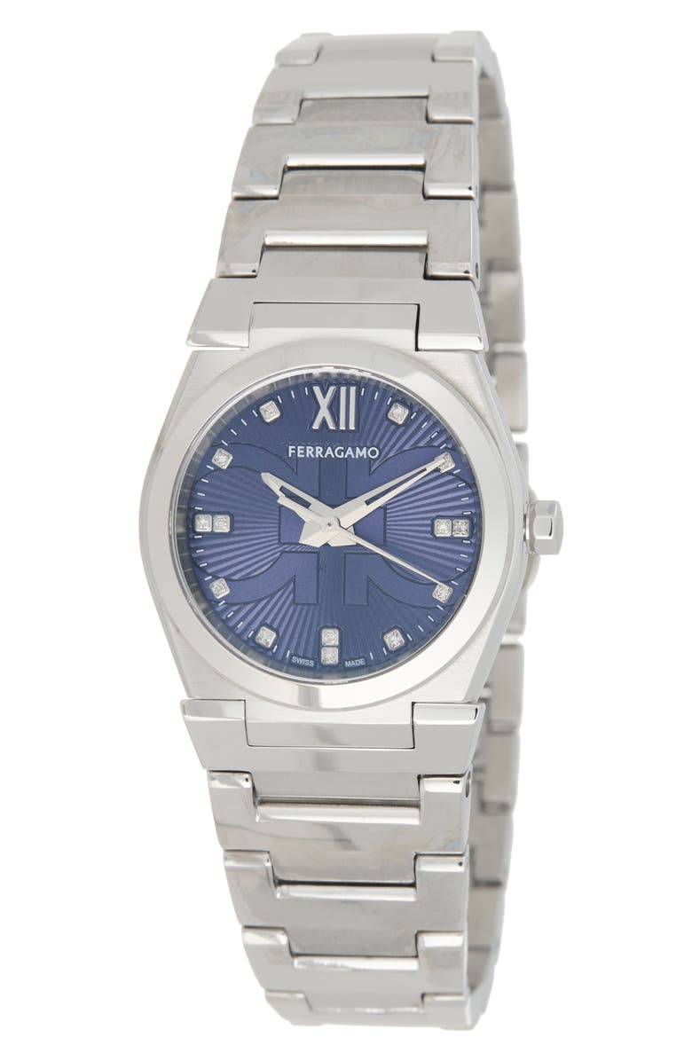 FERRAGAMO Vega Holiday Capsule Diamond Dial Bracelet Watch, 28mm, Main, color, Blue/ Stainless Steel