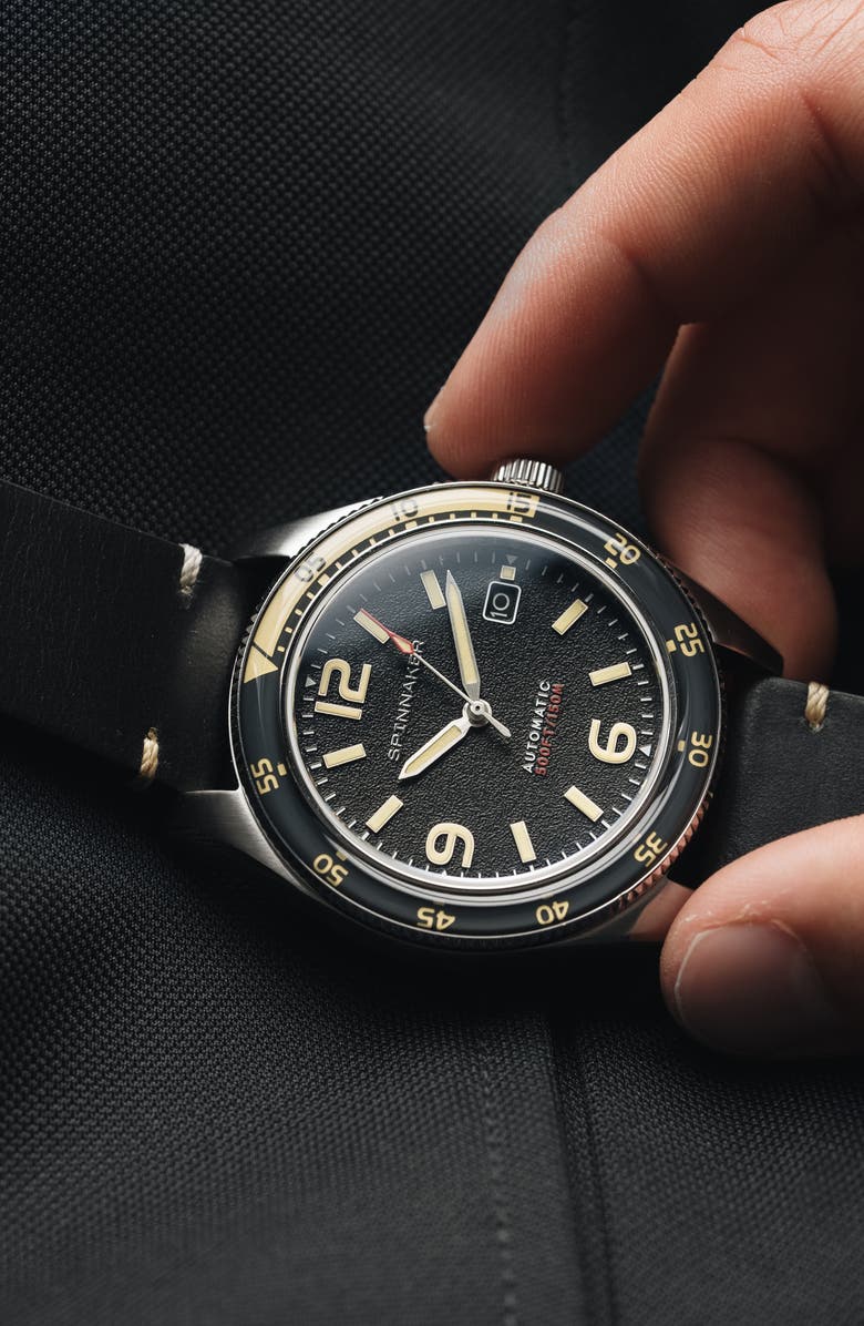 SPINNAKER Fleuss Automatic Leather Strap Watch, 43mm, Alternate, color, Grey