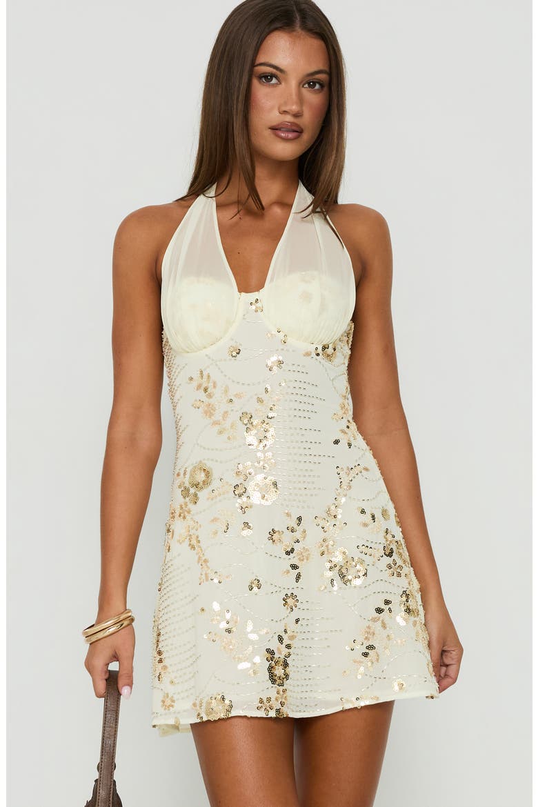 Verdanea Beaded Halter Minidress, Alternate, color, GOLD