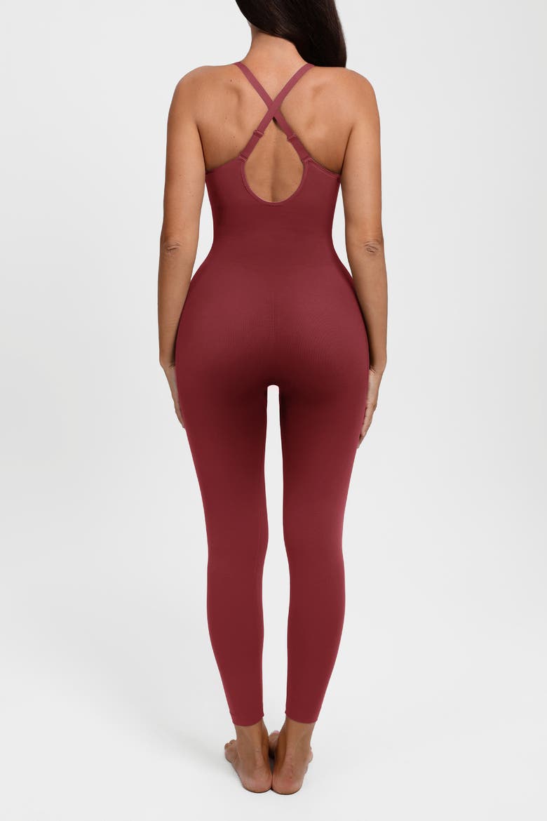 Shapewear Zip Front Deep V Adjustable Strap Jumpsuit, Alternate, color, Brick Red