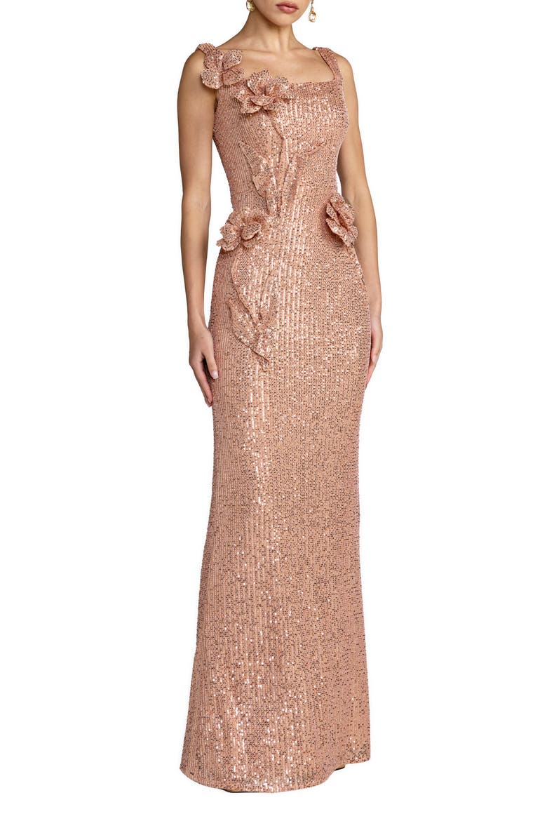 Sleeveless Sequin Column Gown With 3D Flowers, Main, color, Copper