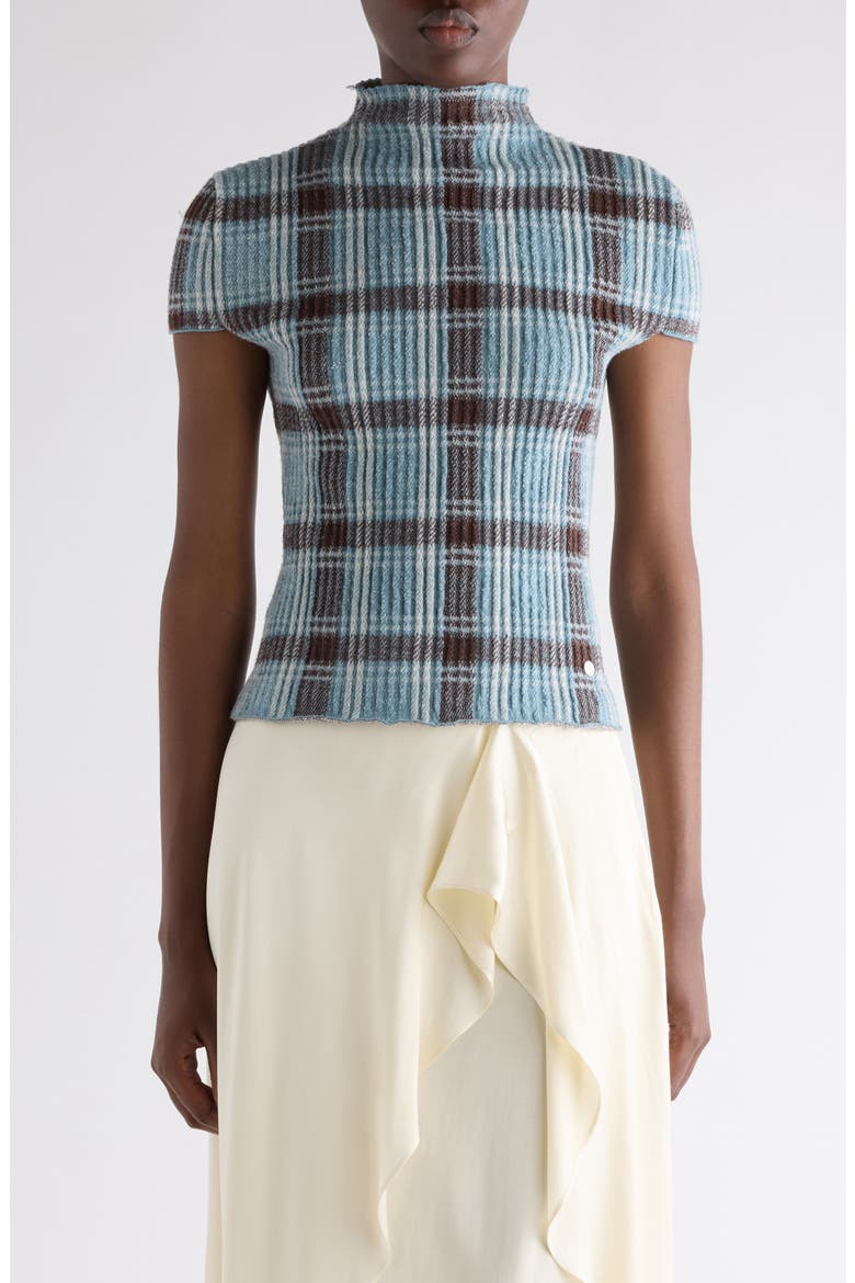 Plaid Short Sleeve Wool Funnel Neck Sweater, Main, color, BLUE/ BROWN