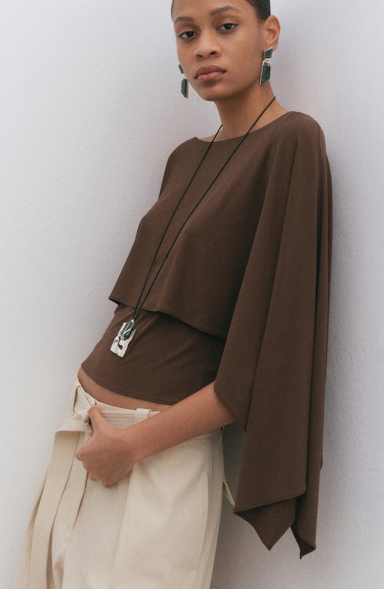 MANGO Blusa Lina Cape Top, Alternate, color, Brown