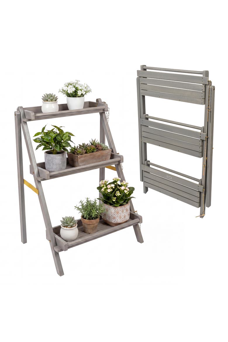 Hollis 3-Tier Acacia Wood Indoor/Outdoor Foldable Compact Freestanding Ladder Plant Stand Display Rack Shelf, Main, color, Gray Wash
