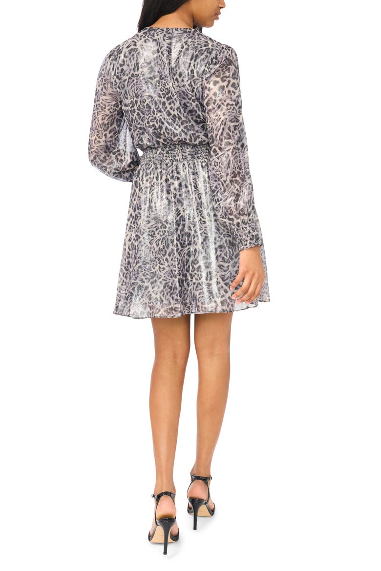 Smocked Waist V-Neck Long Sleeve Dress, Alternate, color, BLACK GREY