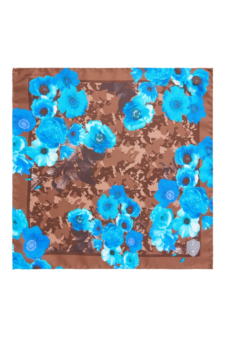 Blue & Brown Floral Silk Pocket Square, Alternate, color, BLUE