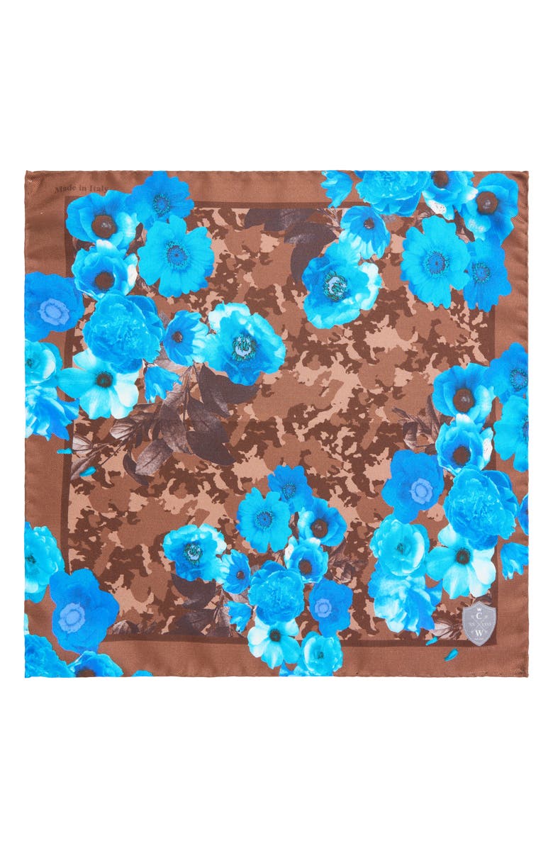 CLIFTON WILSON Blue & Brown Floral Silk Pocket Square, Alternate, color, 