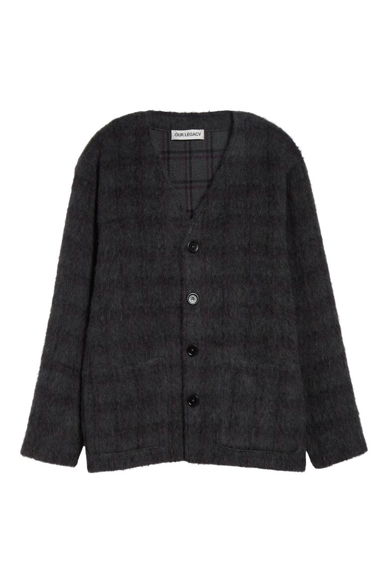 Fuzzy Check Wool & Alpaca Blend Cardigan, Alternate, color, FUZZED PLUM CHECK HAIRY WOOL