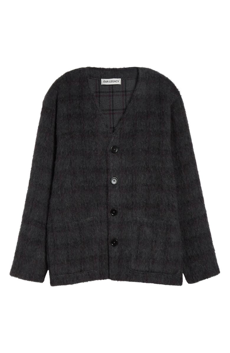OUR LEGACY Fuzzy Check Wool & Alpaca Blend Cardigan, Main, color, Fuzzed Plum Check Hairy Wool