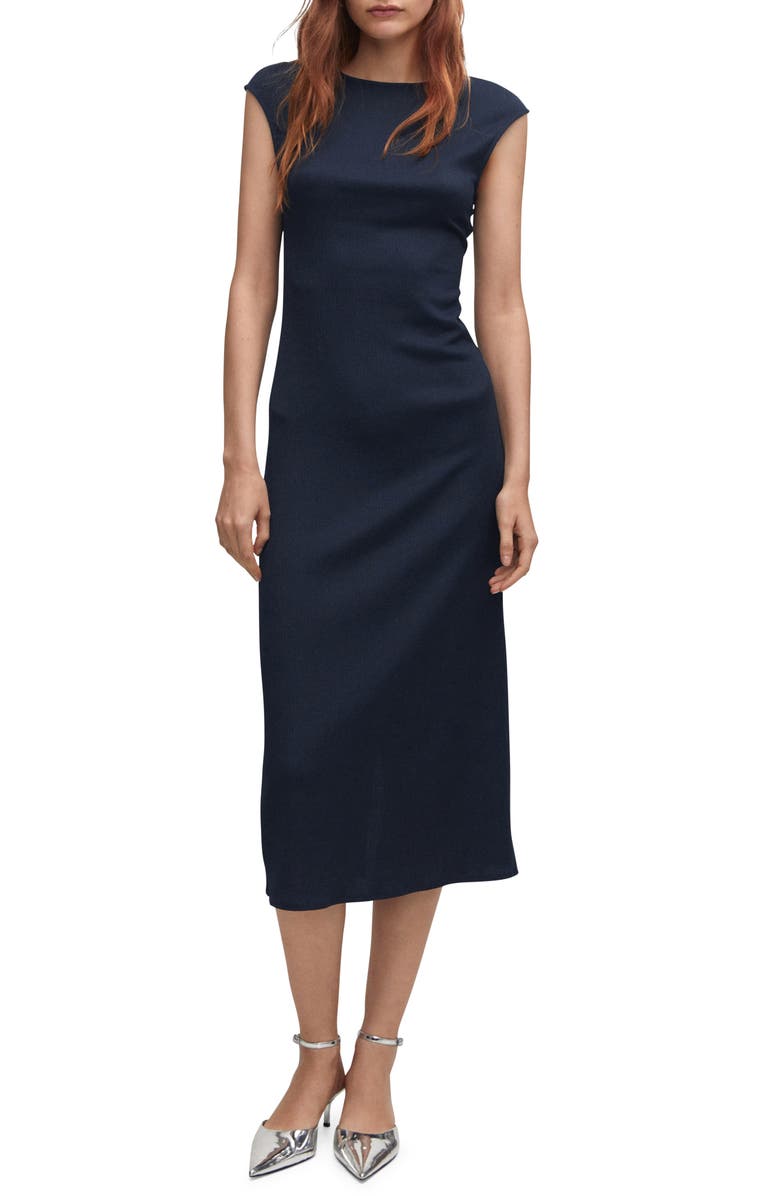 MANGO Back Cutout Textured Midi Dress, Main, color, Dark Navy