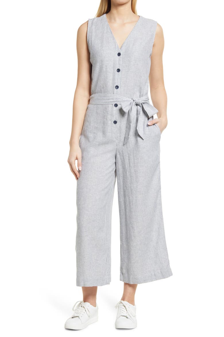 Linen Blend Wide Leg Jumpsuit, Main, color, BLUE VINTAGE LEAH STRIPE