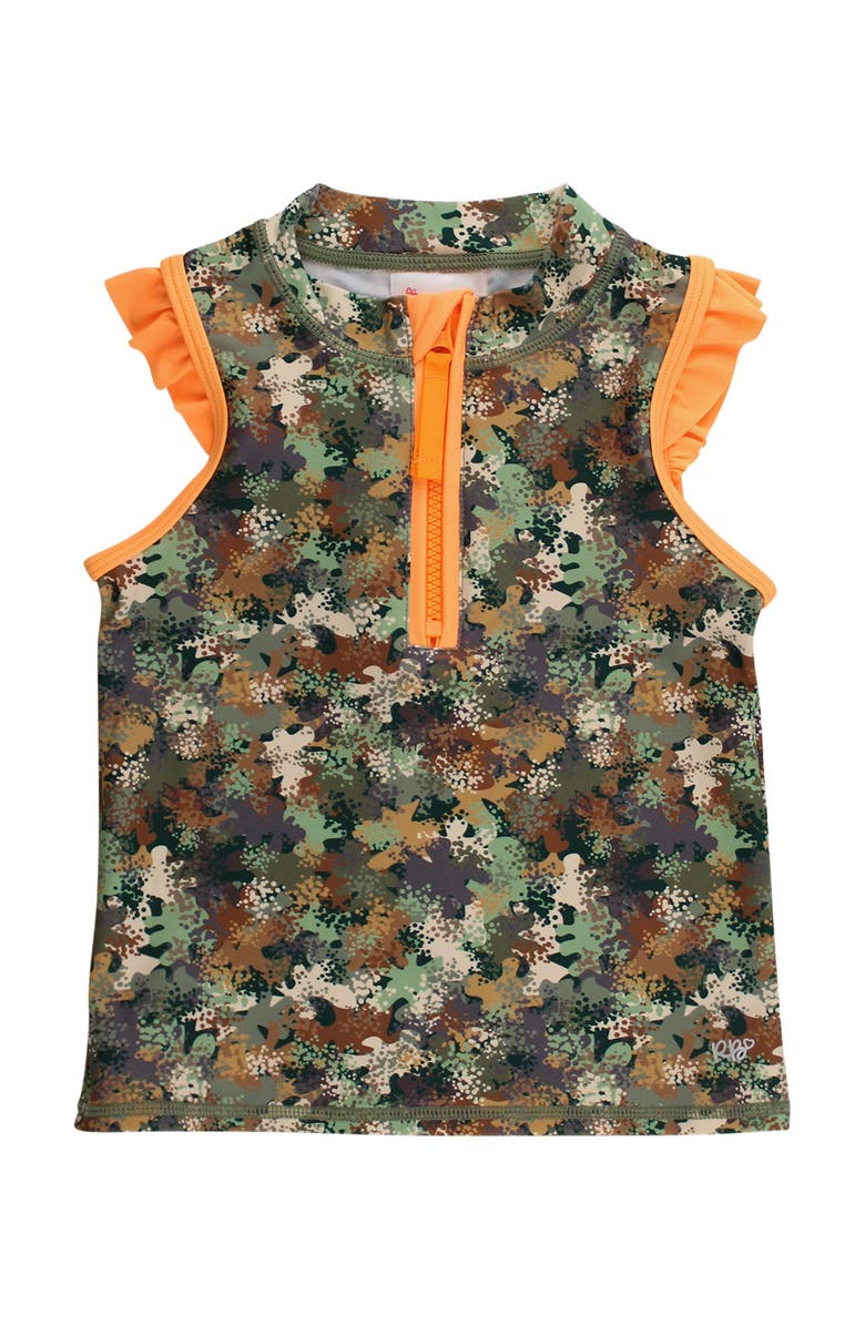 RuffleButts UPF50+ Sleeveless Zip Ruffle Sleeve Active Top, Main, color, Classic Camo