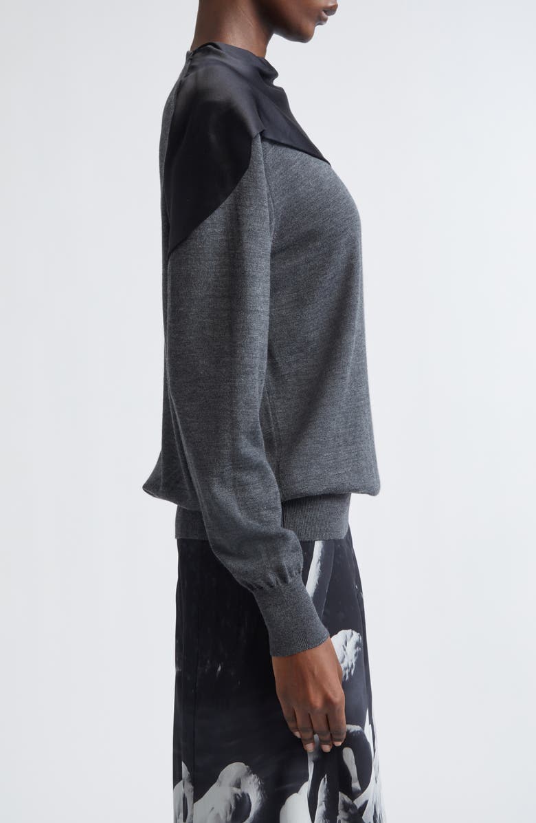 FERRAGAMO Satin Scarf Neck Virgin Wool Mélange Sweater, Alternate, color, Lead Grey Melange