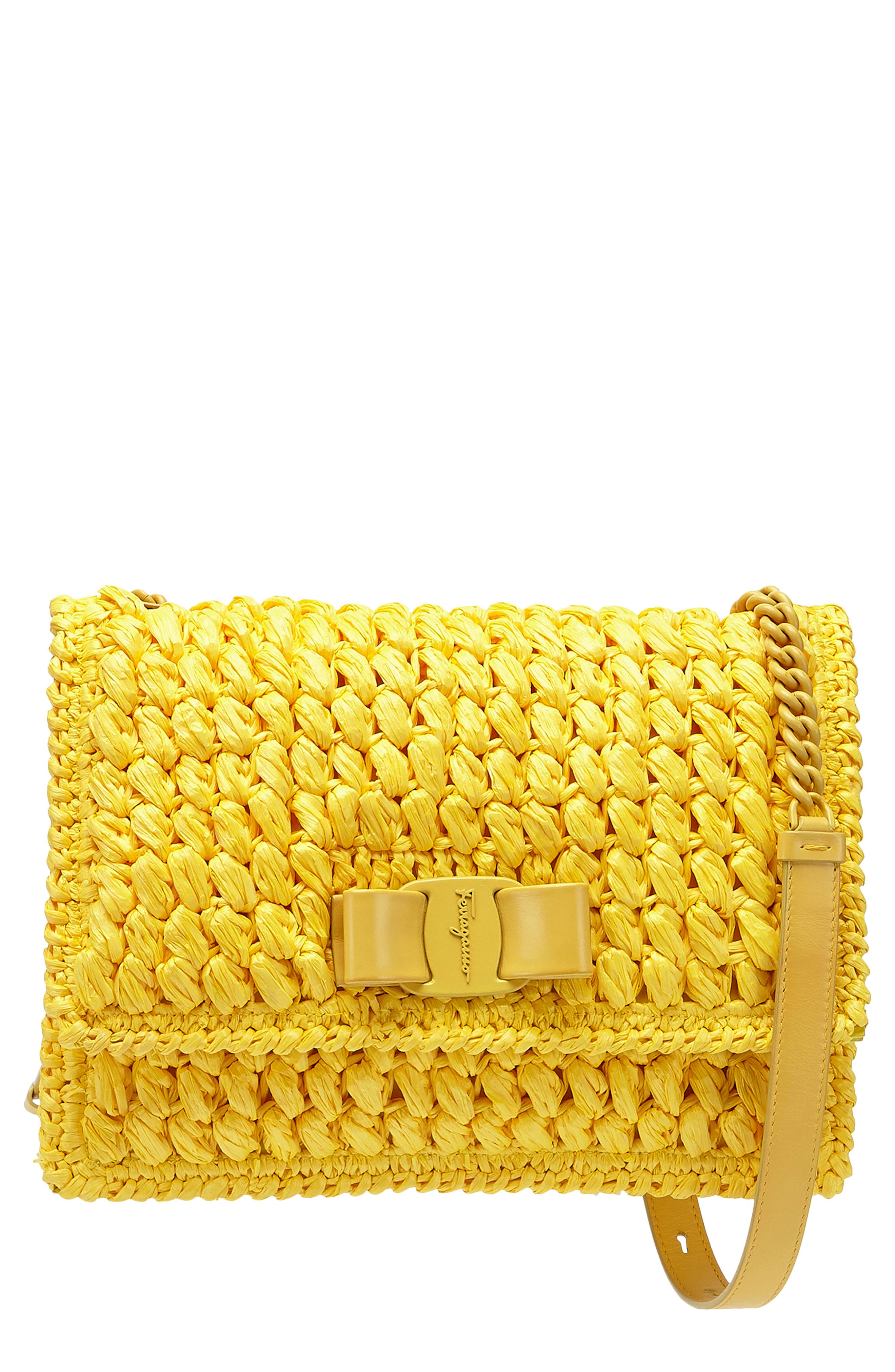 Salvatore Ferragamo Viva Bow Crochet Raffia Shoulder Bag, Main, color, CANARY YELLOW RAFIA