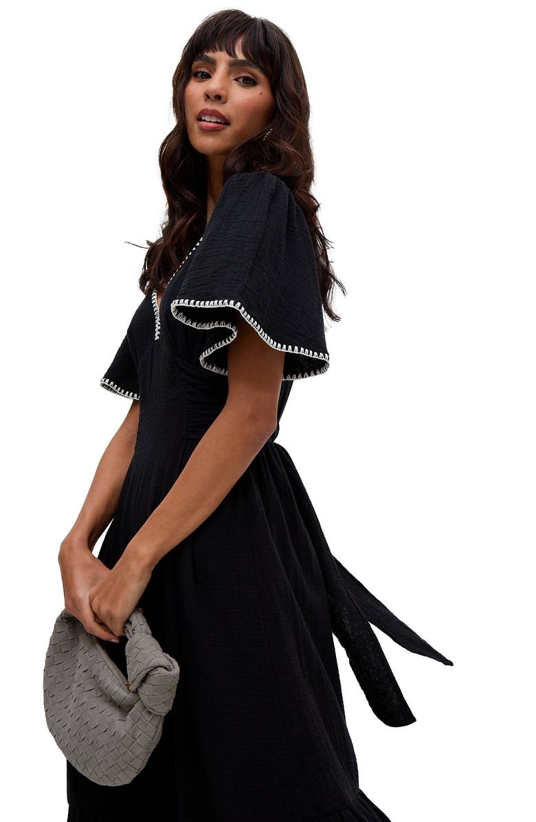 Raffya Delilah V-Neck Front Tie Midi Dress, Alternate, color, Black