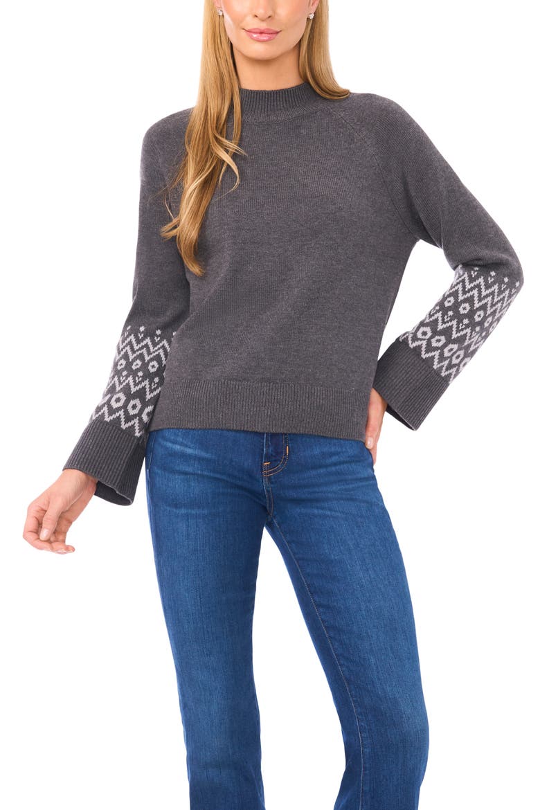 Fair Isle Accent Mock Neck Sweater, Main, color, SMOKEY BLACK