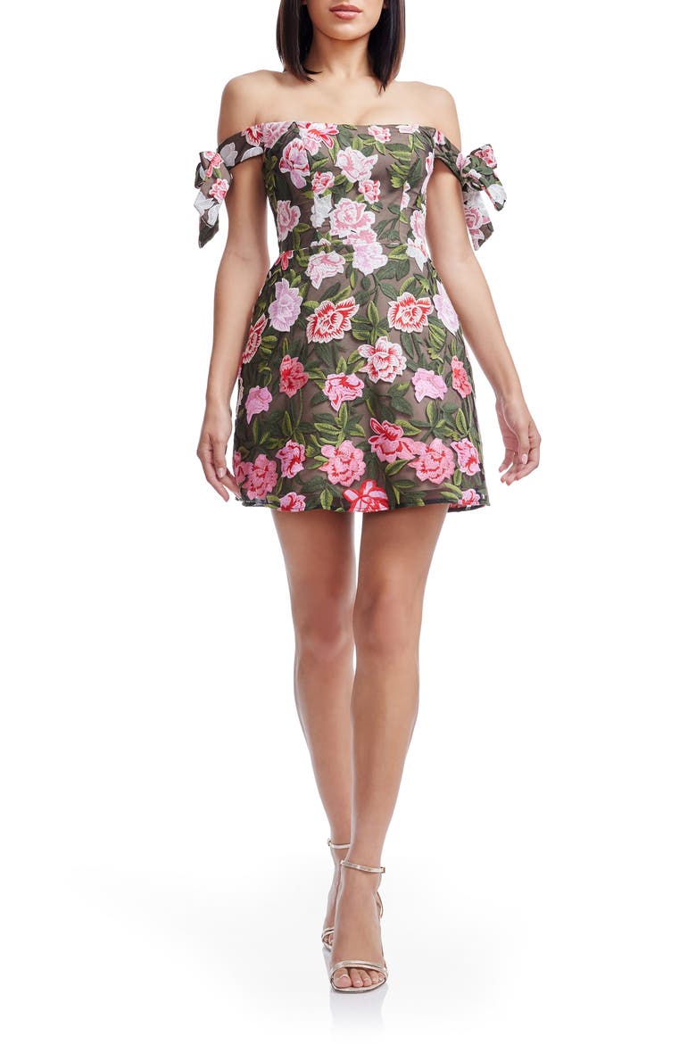 Meris Floral Embroidered Off the Shoulder Minidress, Main, color, PINK ROSE MULTI