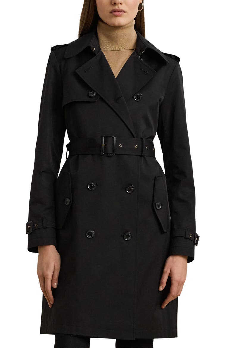 Belted Water Resistant Double Breasted Trench Coat, Main, color, BLACK
