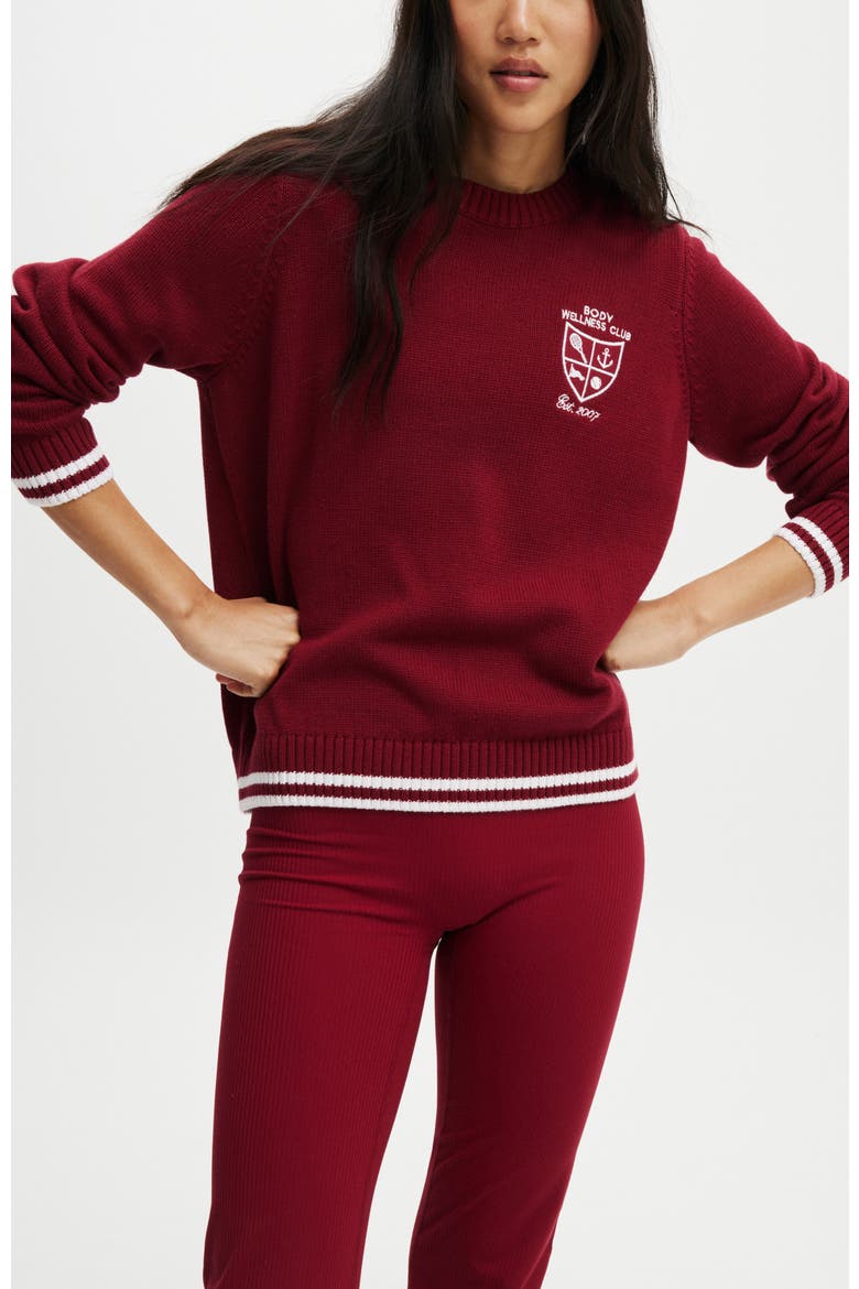 Women's Active Knitted Graphic Crew, Main, color, Deep Red Heritage Club