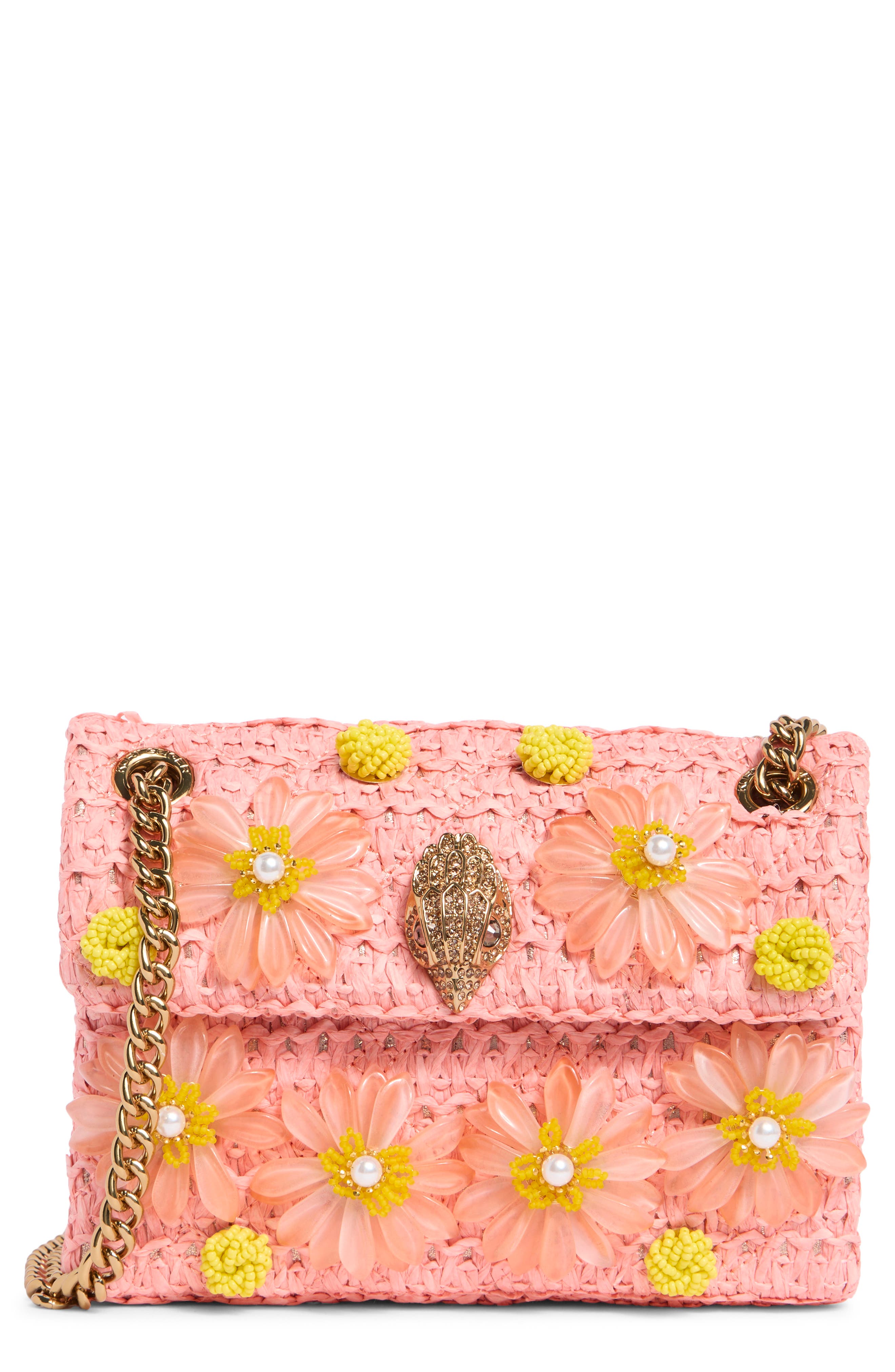 Kurt Geiger London Mini Kensington Raffia Convertible Shoulder Bag, Main, color, Light Pink/ Pastel Orange