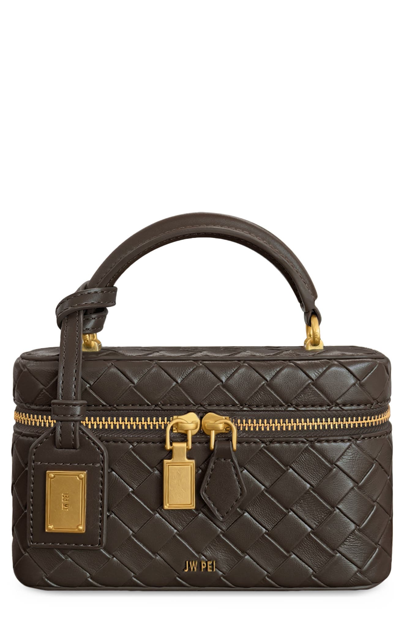 JW PEI Cleo Woven Faux Leather Top Handle Bag, Main, color, Dark Brown