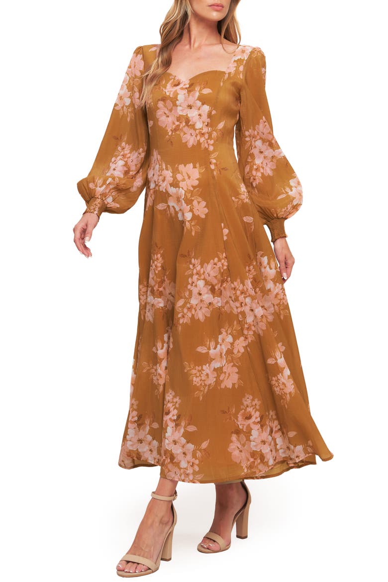 Long Sleeve Midi Dress, Alternate, color, BROWN