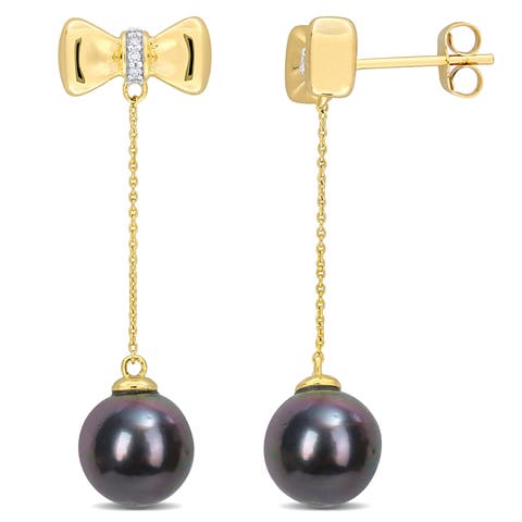 Cultured Pearl & Diamond Dangle Earrings 10k