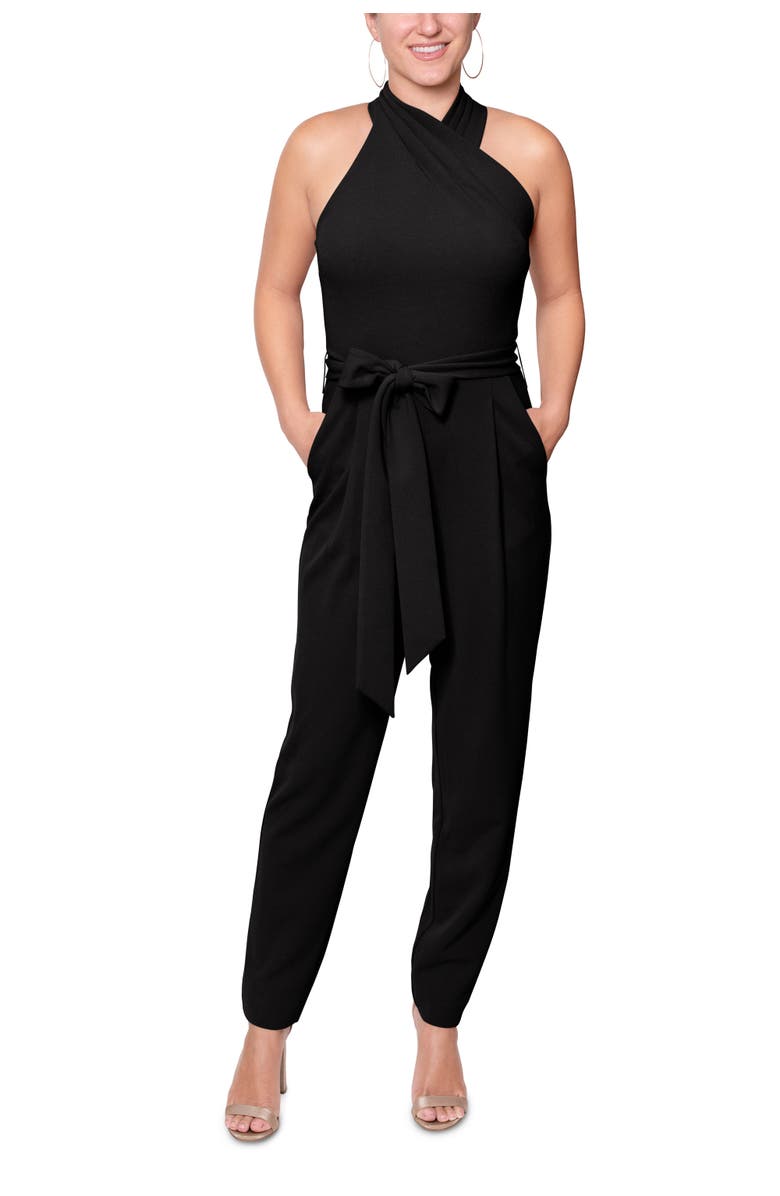RACHEL Rachel Roy Harland Crossover Halter Jumpsuit, Main, color, Black