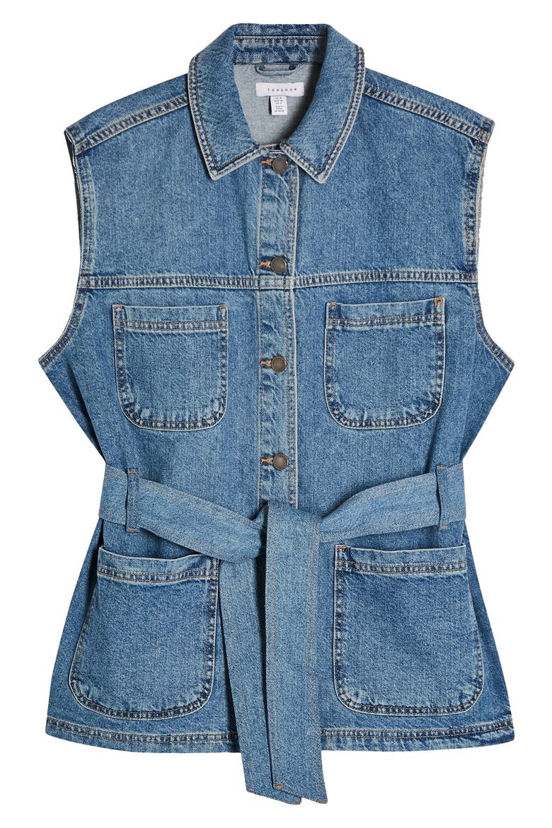 Belted Denim Vest, Alternate, color, MID DENIM
