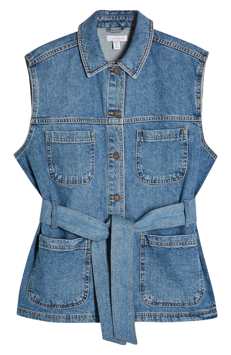 Topshop Belted Denim Vest, Alternate, color, 