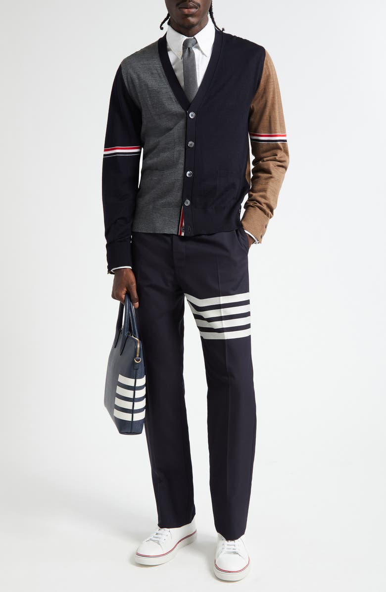 Thom Browne Fun-Mix Colorblock Relaxed Virgin Wool Cardigan, Alternate, color, Navy/ Grey/ Brown