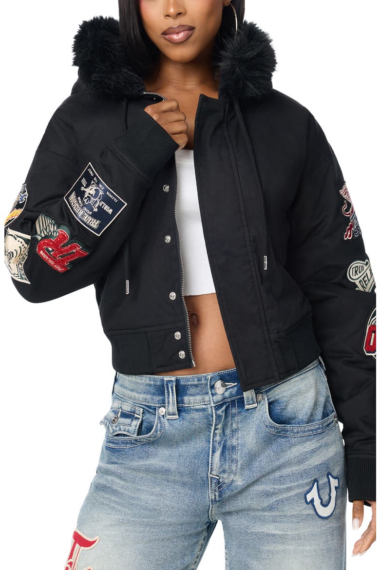 Faux Fur Trim Embroidered Hooded Jacket, Main, color, JET BLACK