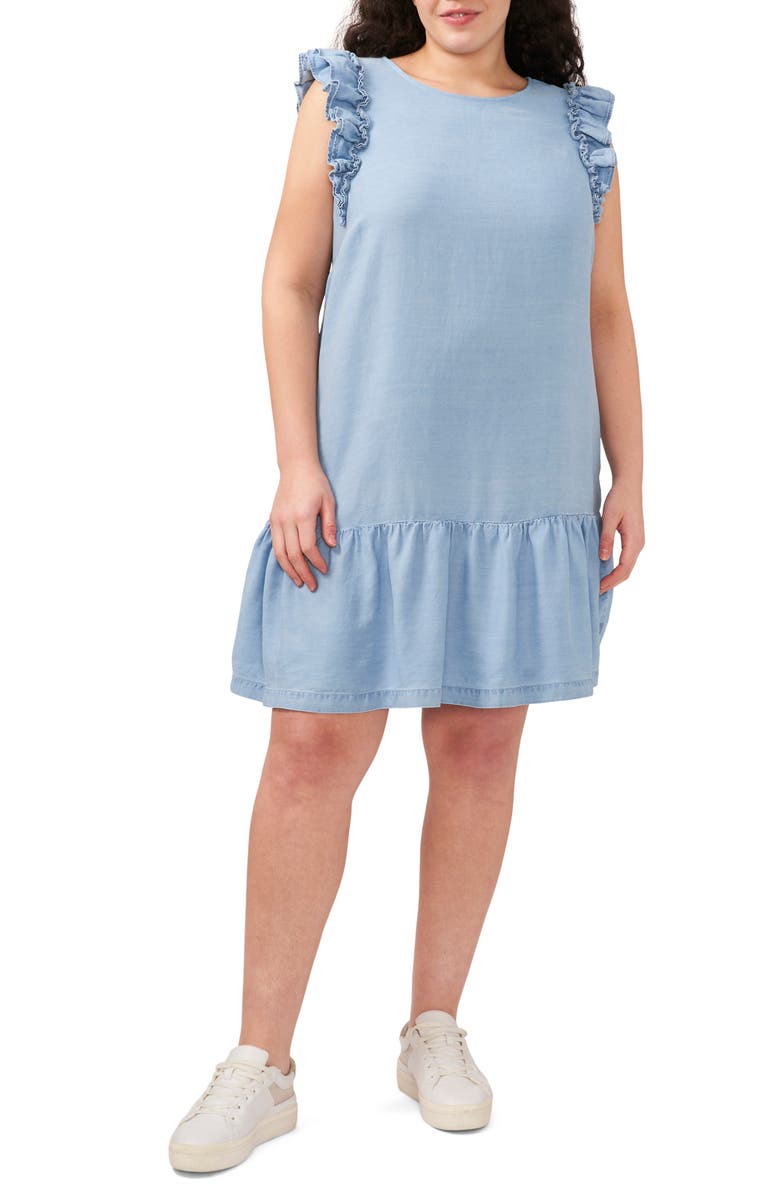 CeCe Ruffle Trim Chambray Shift Dress, Main, color, 