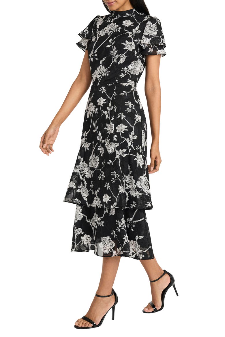 Floral Short Sleeve Tiered Midi Dress, Alternate, color, BLACK/WHITE