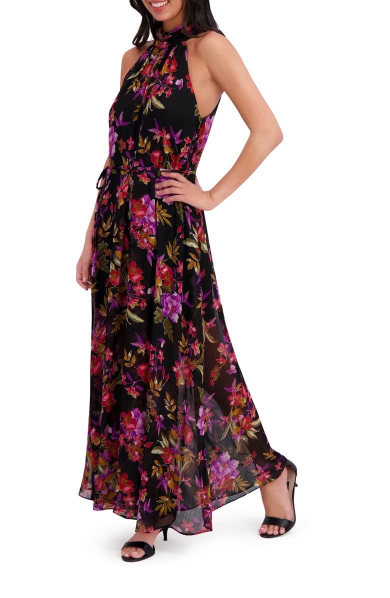 London Times Floral Halter Wide Leg Jumpsuit, Alternate, color, Black/ Purple