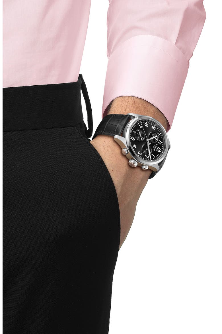 Chrono L Croc-Embossed Leather Strap Watch, 42mm, Alternate, color, BLACK