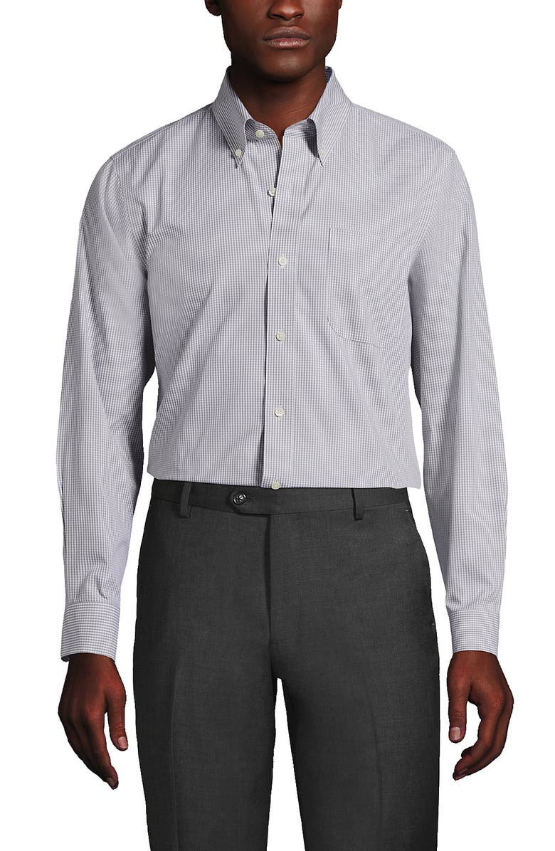 Lands' End School Uniform Tailored Fit No Iron Solid Supima Cotton Pinpoint Buttondown Collar Dress Shirt, Alternate, color, Ultimate Gray Check